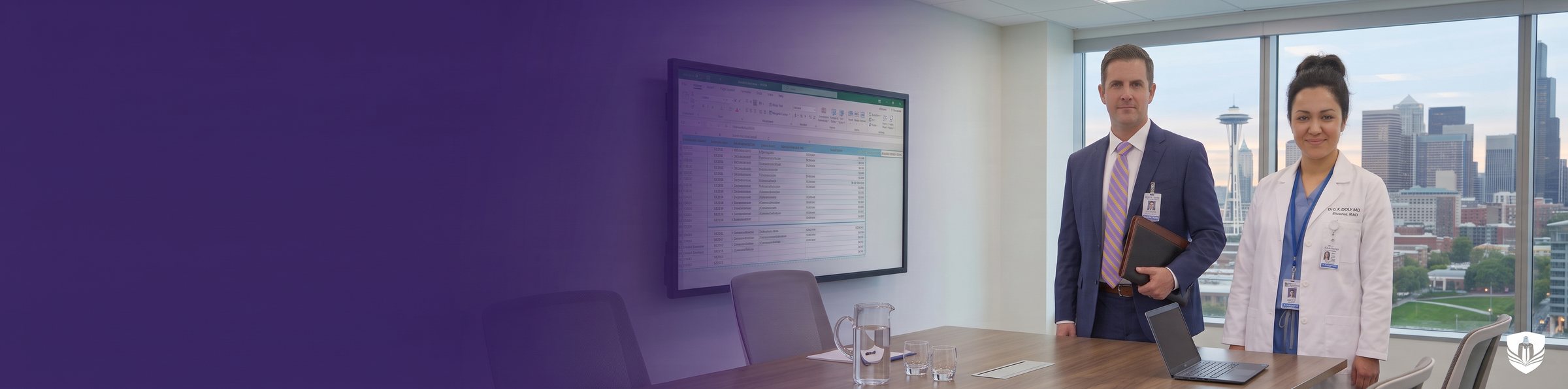 A health system executive and a physician stand in a conference room beside a wall screen showing a compensation spreadsheet, with the Seattle skyline behind them