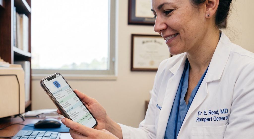 A physician smiles as she reviews how her pay was calculated in the PaulAI app on her phone