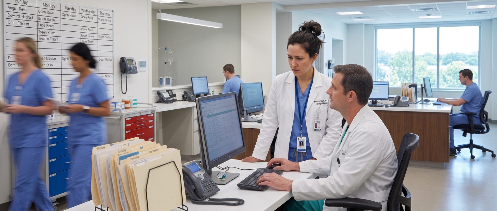 Two physicians review a table of figures on a computer in a busy clinical workroom