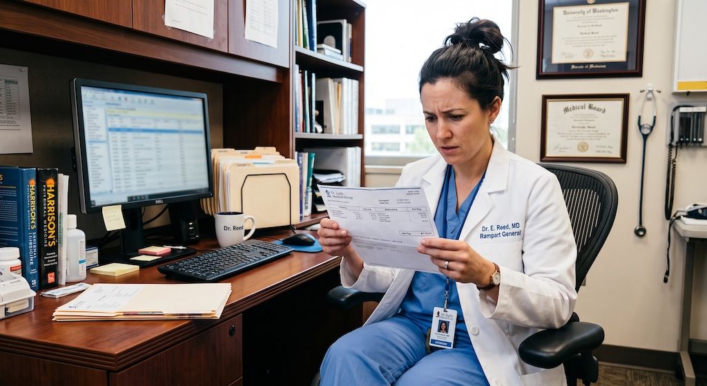 A physician at her desk looks at a paycheck with a confused expression